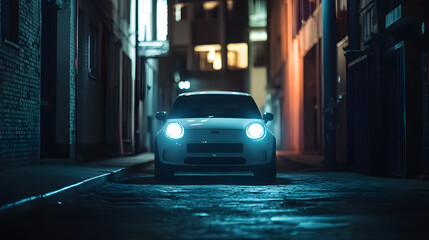 A compact city car front view with small yet sharp headlights on parked in an urban alleyway at night.