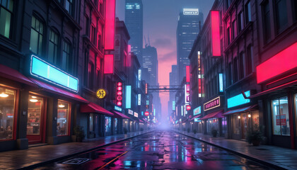 Obraz premium Deserted cyberpunk city street at night. Neon lights illuminate shops and skyscrapers. Empty street. Futuristic architecture. Urban landscape. Oriental style. Rainy night. No people.