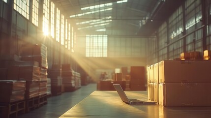 A logistics team reviewing schedules on a laptop in a sunny warehouse, light streaming in through high windows