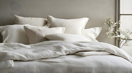 Cozy bedroom with light pillows and blankets. Home interior design