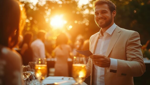 A marketing professional exchanging cards at an outdoor event, goldenhour lighting enhancing the lively atmosphere