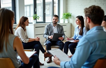 Business team members sit in circle discussing business training, coaching. People focused, engaged in conversation, brainstorming ideas. Taking notes during meeting in office. Pro, collaborative
