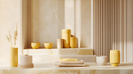A curated display of design elements combining yellow ceramics soft beige tones light wood panels and marble slabs.
