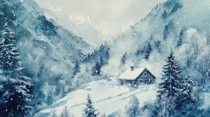 serene watercolor painting of snow covered cabin in pine forest, evoking tranquility