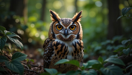 Obraz premium Great horned owl in forest surrounded by greenery.