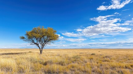 Obraz premium Solitary tree on vast, golden grassland under a vibrant blue sky with fluffy clouds.