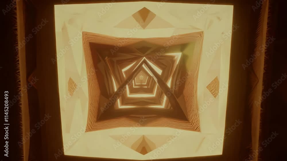 Poster Camera dollies in to reveal a retro space with warm earth tones, featuring rectangles, triangles, and organic shapes that rotate and intertwine, creating a nostalgic and dynamic visual