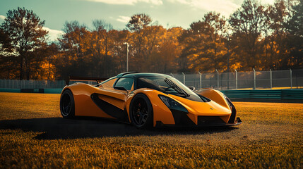 A deep orange GoCoda sports car concept with black racing accents standing boldly on the grassy terrain of a rugged football field.