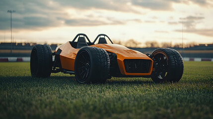 A deep orange GoCoda sports car concept with black racing accents standing boldly on the grassy terrain of a rugged football field.