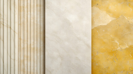 A design board displaying smooth marble pale wood textures beige accents and yellow ceramic tiles.