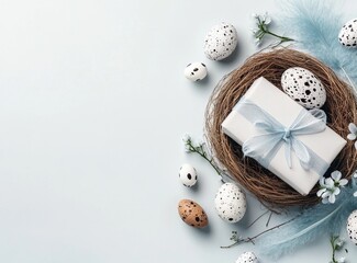 Obraz premium A nest filled with blue and white easter eggs sits on a soft pastel background alongside blue feathers and a wrapped gift, creating a festive atmosphere for spring