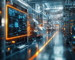 Fototapeta premium A serene factory floor with engineers and glowing digital schematics displayed over machines, natural light streaming in
