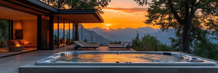 Obraz premium Sunset view from modern home hot tub.