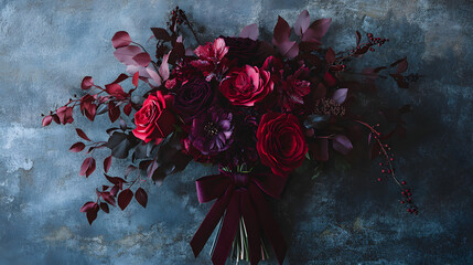 A dramatic monochromatic paper flower bouquet with deep red roses crimson peonies and dark foliage tied with a velvet ribbon.