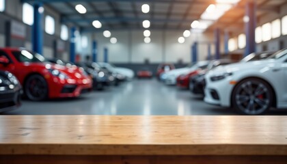 Wooden table top inside car service centre. Blurry background shows cars parked in garage. Interior...