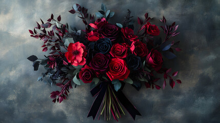 A dramatic monochromatic paper flower bouquet with deep red roses crimson peonies and dark foliage tied with a velvet ribbon.