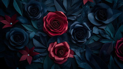 A dramatic paper flower bouquet with deep red roses and black foliage tied with a velvet ribbon.