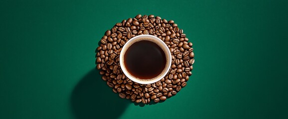 A cup of coffee surrounded by coffee beans on a green background.
