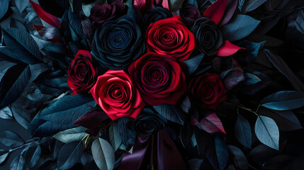 A dramatic paper flower bouquet with deep red roses and black foliage tied with a velvet ribbon.