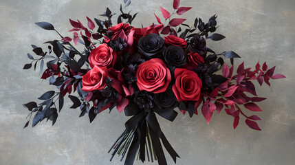 A dramatic paper flower bouquet with deep red roses and black foliage tied with a velvet ribbon.