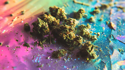 A dramatic pile of crushed weed and compact buds on a striking rainbow-colored surface.