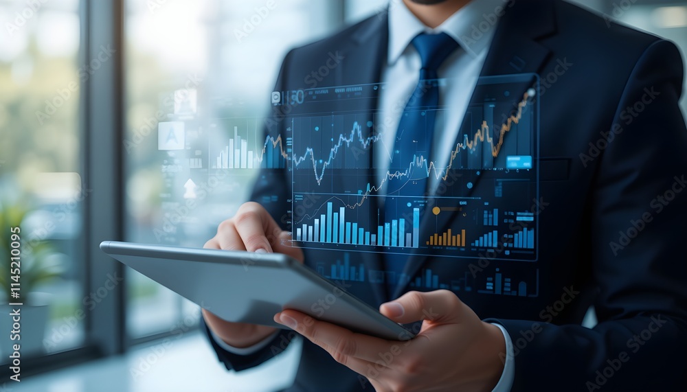 Poster businessman using tablet with data visualization graphics.