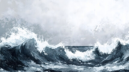 A dramatic seascape drawn with oil pastels featuring crashing waves and a stormy gray sky.
