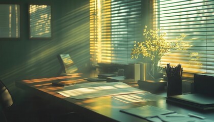 Fototapeta premium A serene office where an investment advisor reviews glowing financial documents, sunlight casting soft shadows