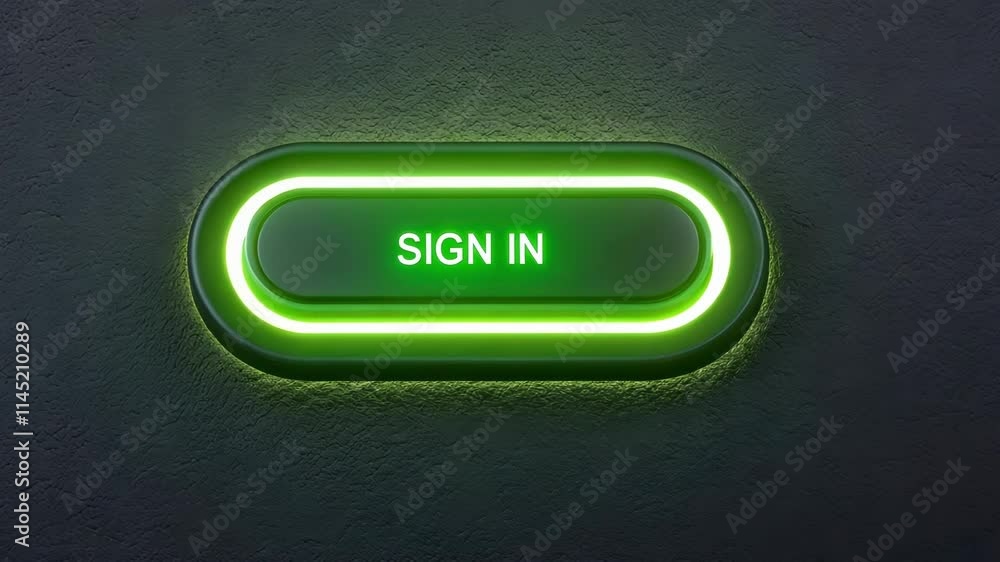 Poster a pixelated sign in button that appears to pulse with light glowing in a bright lime green against a