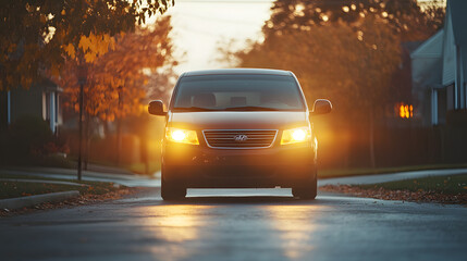 A family minivan front view with soft yellow headlights glowing parked near a quiet suburban street at dawn.
