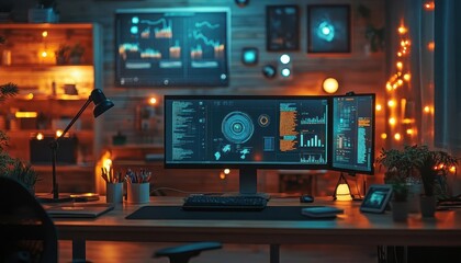 A serene office where engineers troubleshoot connectivity solutions using glowing tools and charts