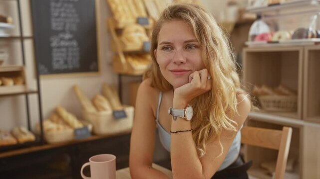 Young, blonde woman in a bakery, sitting at a table with a cup, surrounded by bread and bakery goods, smiling thoughtfully indoors.