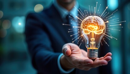 Businessman holds glowing lightbulb with virtual brain, connecting lines. Idea innovation, smart thinking concepts. Inspiration, network symbolized in business tech setting. Image represents creative