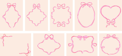 Vintage retro bows frames collection. Prints, greeting cards, wedding and birthday party, invitations. Hand drawn trendy coquette style