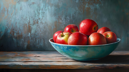 A dreamy still life drawn with oil pastels showcasing a bowl of bright red apples on a rustic wooden table.