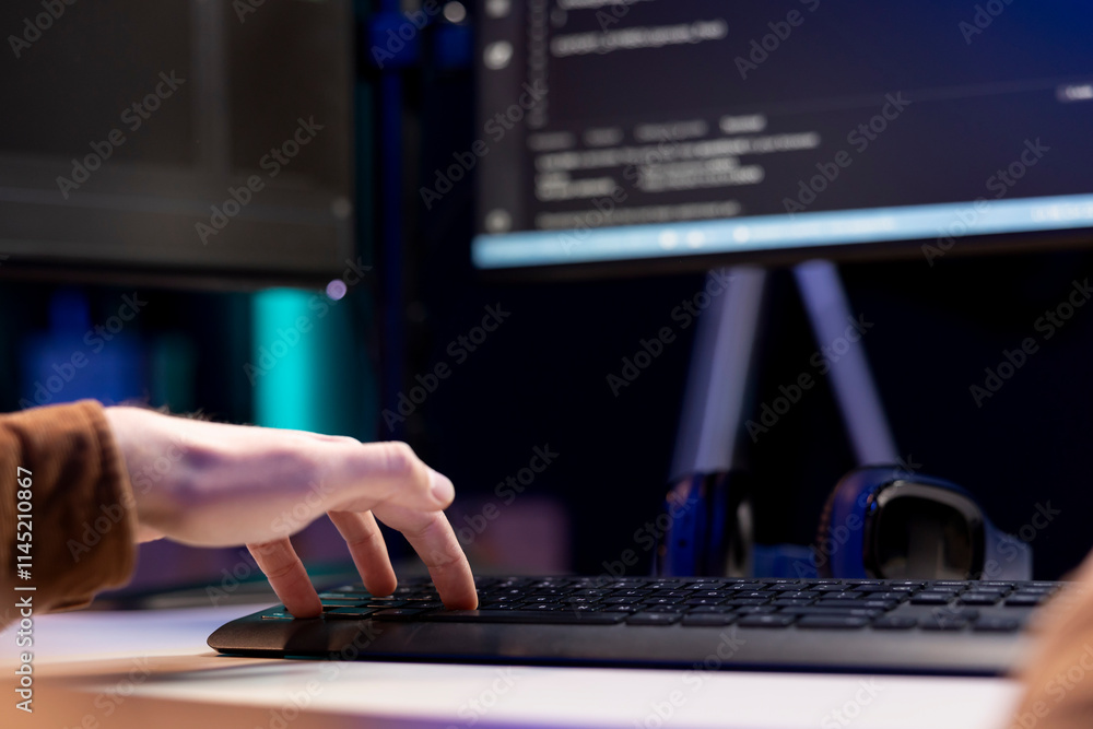 Poster computer technician working from home, designing and developing software applications. it specialist