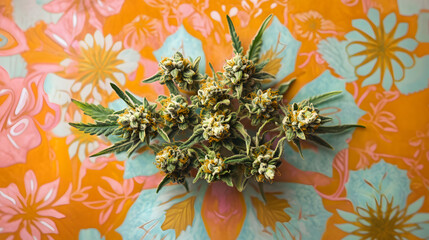 A dynamic arrangement of finely ground weed and dense buds on a bold kaleidoscope-patterned background.