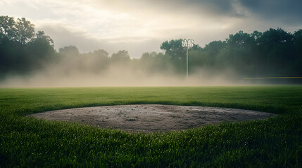 A foggy baseball field in the early morning with dew on the grass and faint outlines of the bases visible.