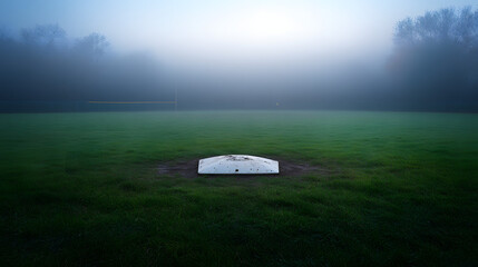 A foggy baseball field in the early morning with dew on the grass and faint outlines of the bases visible.