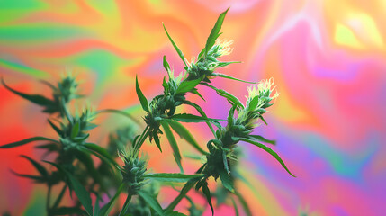 A dynamic composition of ground weed and bright green buds over a bold tie-dye background.