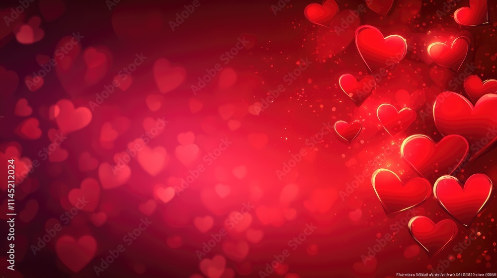 Poster red heart bokeh background with floating hearts for romance theme