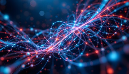 Obraz premium Colorful abstract lines and glowing particles in motion.