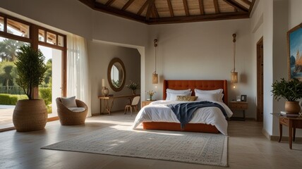 Luxurious bedroom with large bed, patio doors, and wicker chair.