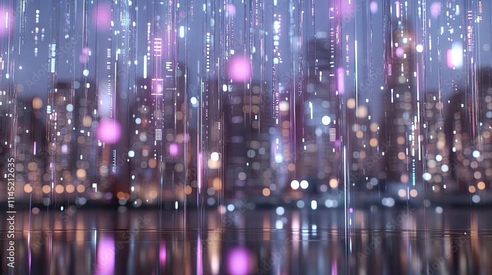 Poster close-up view of a vibrant digital cityscape featuring glowing data points and lines that suggest ad