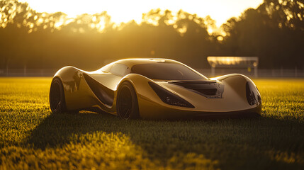 A futuristic gold GoCoda sports car with matte black accents strikingly placed on the lush grass of a weathered football field.