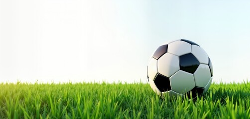 Fototapeta premium Soccer ball rests on vibrant green grass. Sunny day. Sporty image suitable for various uses. Perfect for sports themes. Ideal for use in print ads for sports products. Good visuals for sports