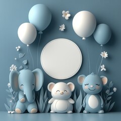 Cute cartoon animals with balloons and a blank frame on a blue background.