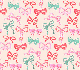Obraz premium Seamless pattern of hand drawn bows, ribbons. Art, design pattern, background, print