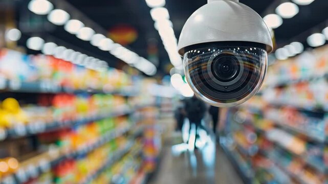 Close-up of a security camera with a blurred supermarket hall in the background.