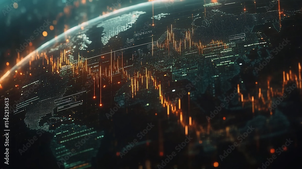 Aufkleber a digital representation of a global network with data visualizations.